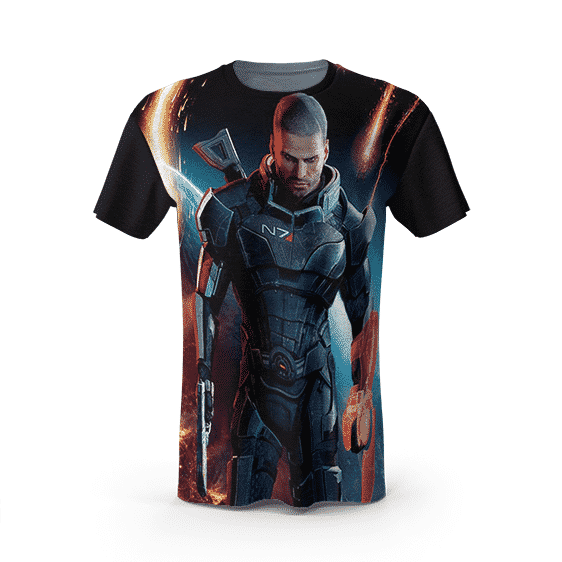 Mass Effect Game Captain Shepard With His Orange Sword Amazing T-shirt